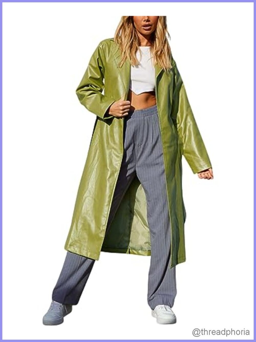 Women's PU Faux Leather Long Trench Coat with Belt Open Front